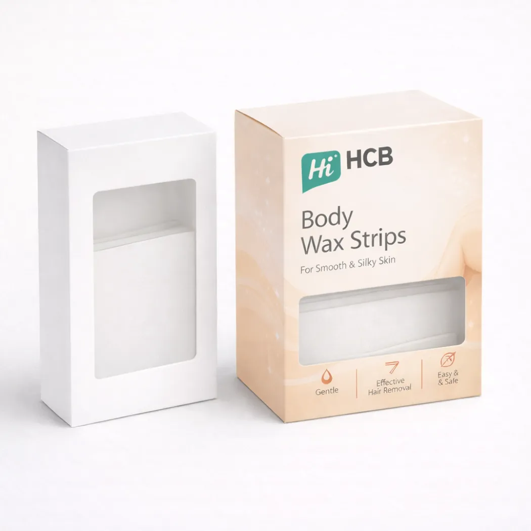 Two product boxes featuring rectangular clear windows on the front- showing the internal white wax strips- class=